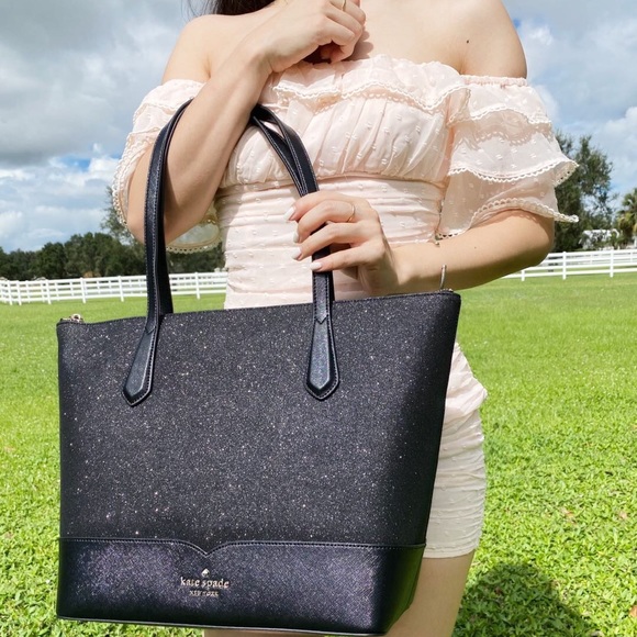 NWT Kate Spade Glitter Large Top Zip Tote Black - Picture 2 of 4